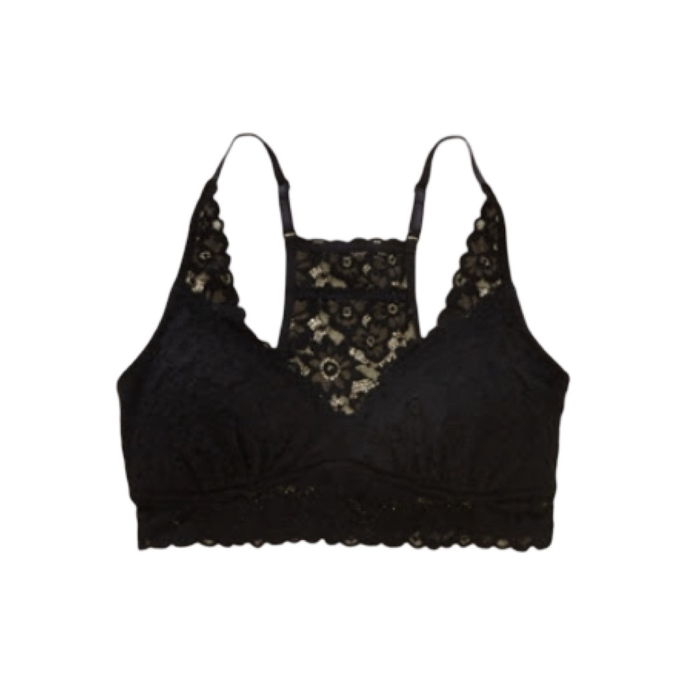 aerie padded lace racerback bralette in black color